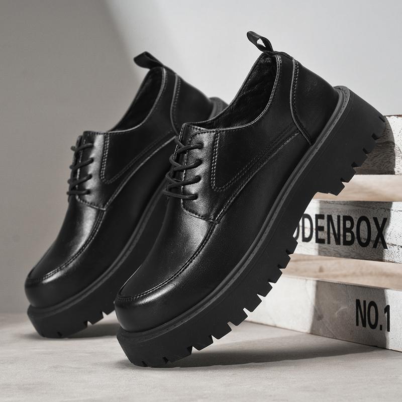 Fashion Black Leather Derby Shoes For Men Thick-Soled Wedding Shoes Formal Business Shoes Lace-Up Casual Shoes Platform Loafers