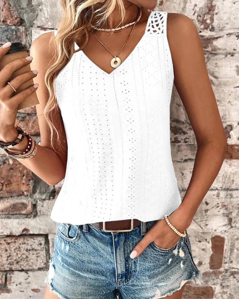 Chaleco de Verano para Mujer Calado Color Sólido Cuello en V Camiseta sin Mangas