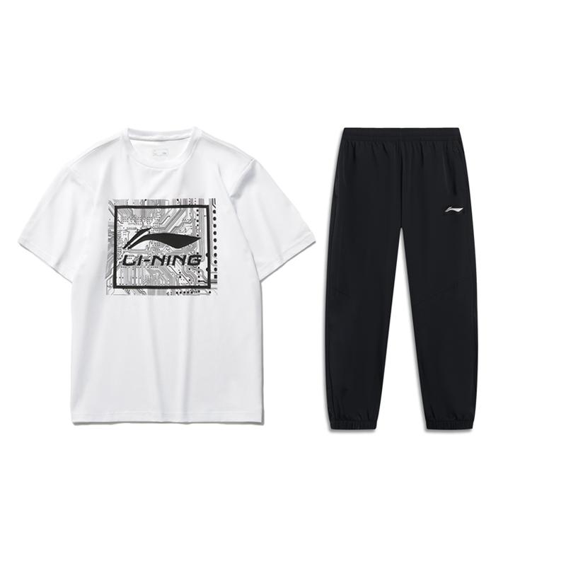 

Футболка с принтом логотипа Li Ning и брюки с манжетами, повседневный спортивный комплект для мужчин, белый, черный, AHST469-1+AYKT415-1 L