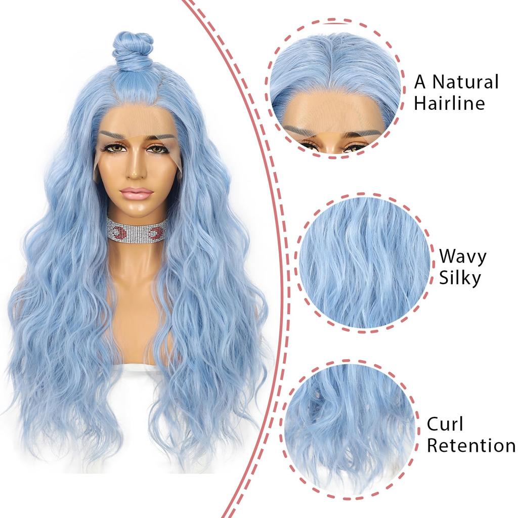 Blue Wavy 13×4 Lace Front Wig Long Hair Ice Blue Wigs for Women Heat Resistant Hair Daily Use Cosplay Party Halloween Wig 24inch