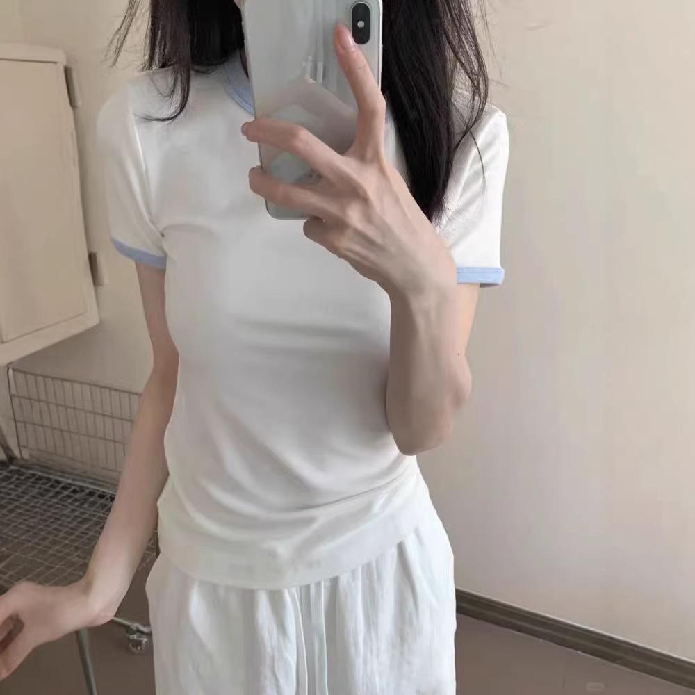 Korean contrasting color pure cotton short-sleeved t-shirt women's summer niche design sense solid color slim and thin inner top