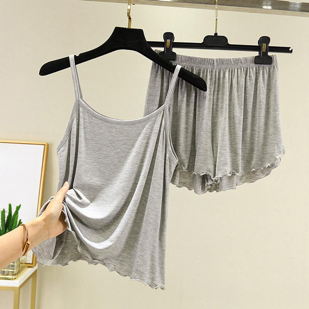 Women's Solid Color Loose Casual Comfortable Suspender Shorts And Pajamas Two-piece Set