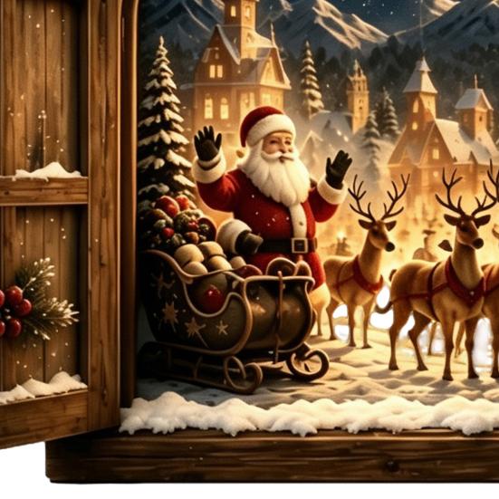 Indoor Christmas Home Decor Santa Claus Window Light, 3D Lighted Wall Decor, Warm LED Reindeer Snowy White Festive Lighting Village Scene, USB Powered