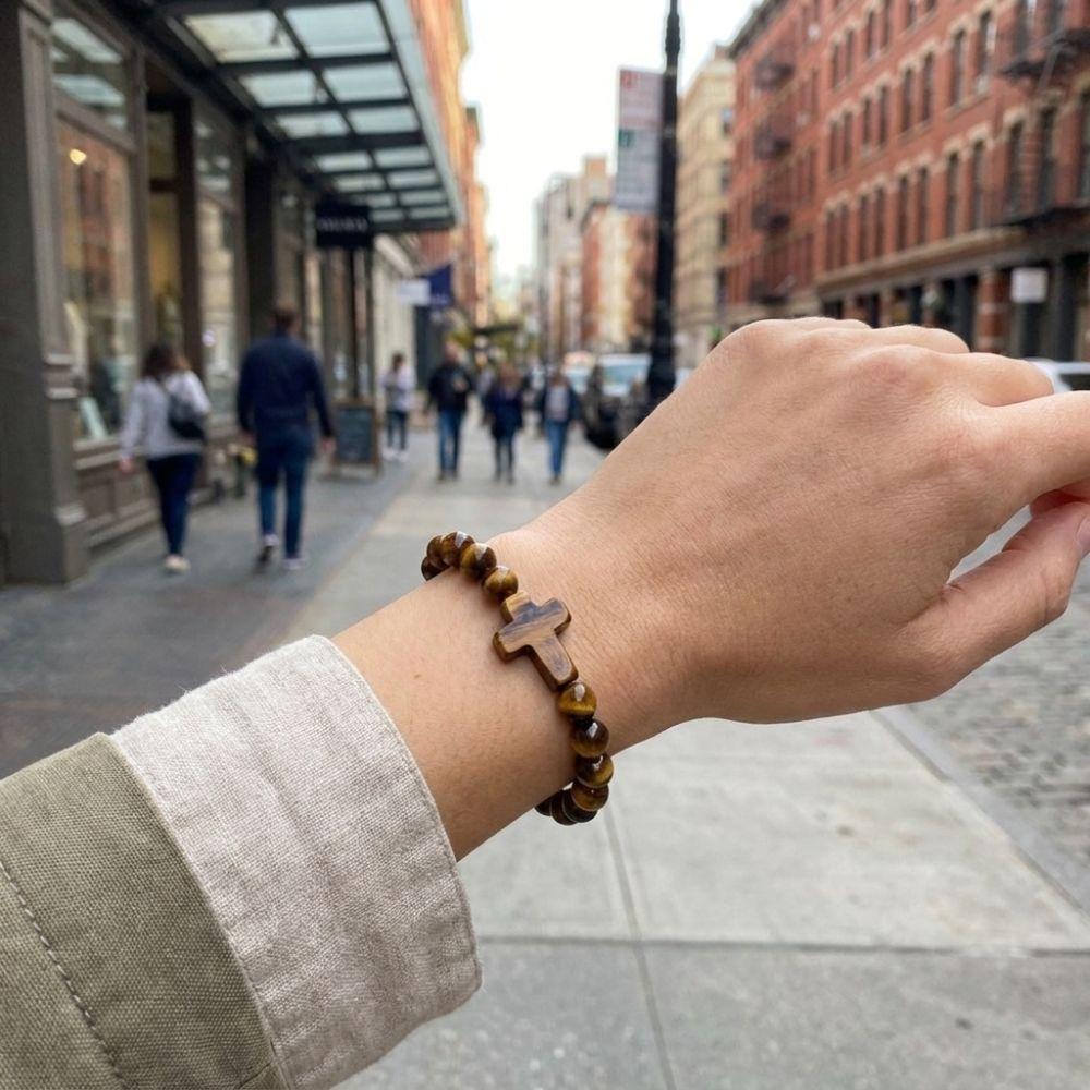 Tiger Eye Beads Cross Bracelet Elastic Rope Rosary Bracelet Vintage Tiger's Eye Bracelet Women