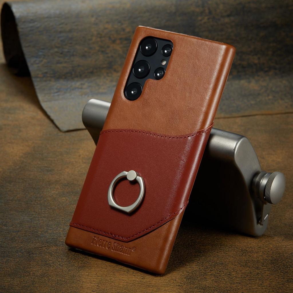

Metal Ring Genuine Cowhide Leather Case for Samsung Galaxy S24 Ultra S23 Plus S22 S21 S20 S10+ Note 20 Card Slot Bracket Cover Note10Plus коричневий