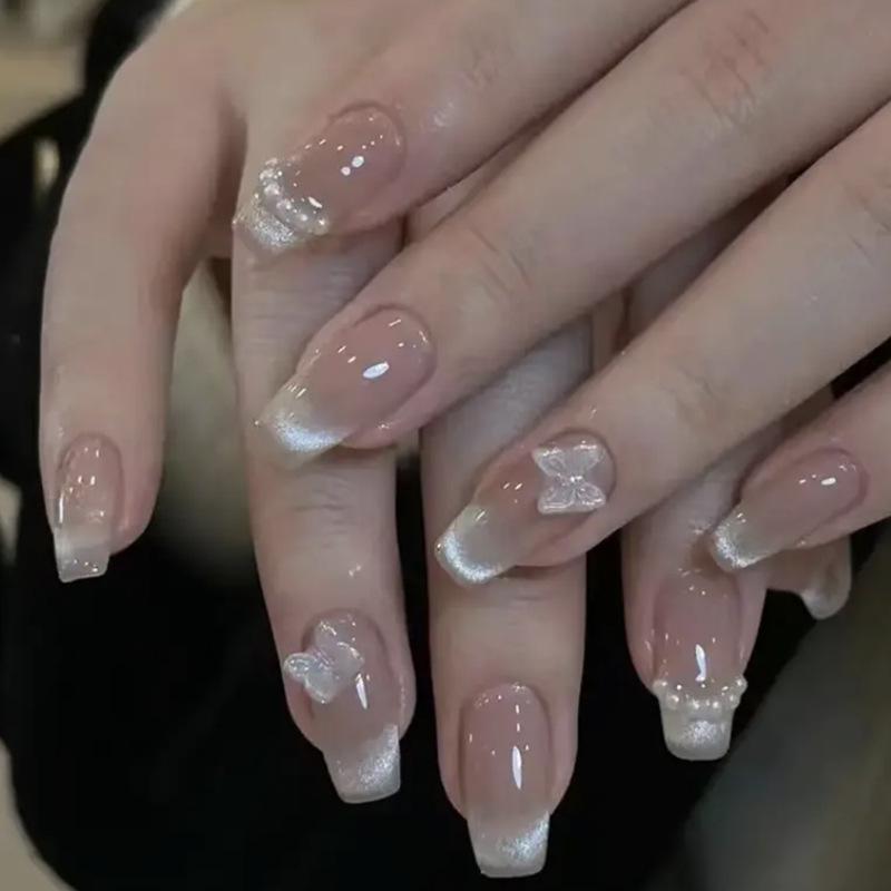 

Набор съемных накладных ногтей ручной работы «Хрустальный кошачий глаз бабочка» в французском стиле L - Medium Ballet