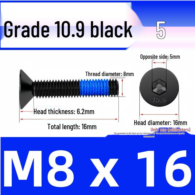 Black Anti-Slip Flat Cup Screw with Adhesive Blue Glue, Countersunk Hexagon Socket, Available in M2-M8 Sizes
