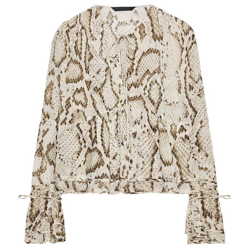 

Zaprha 2025 Summer New Animal Pattern Print round Neck Long sleeve A Word Cuff Lace-up Shirts 3716826 Khaki L