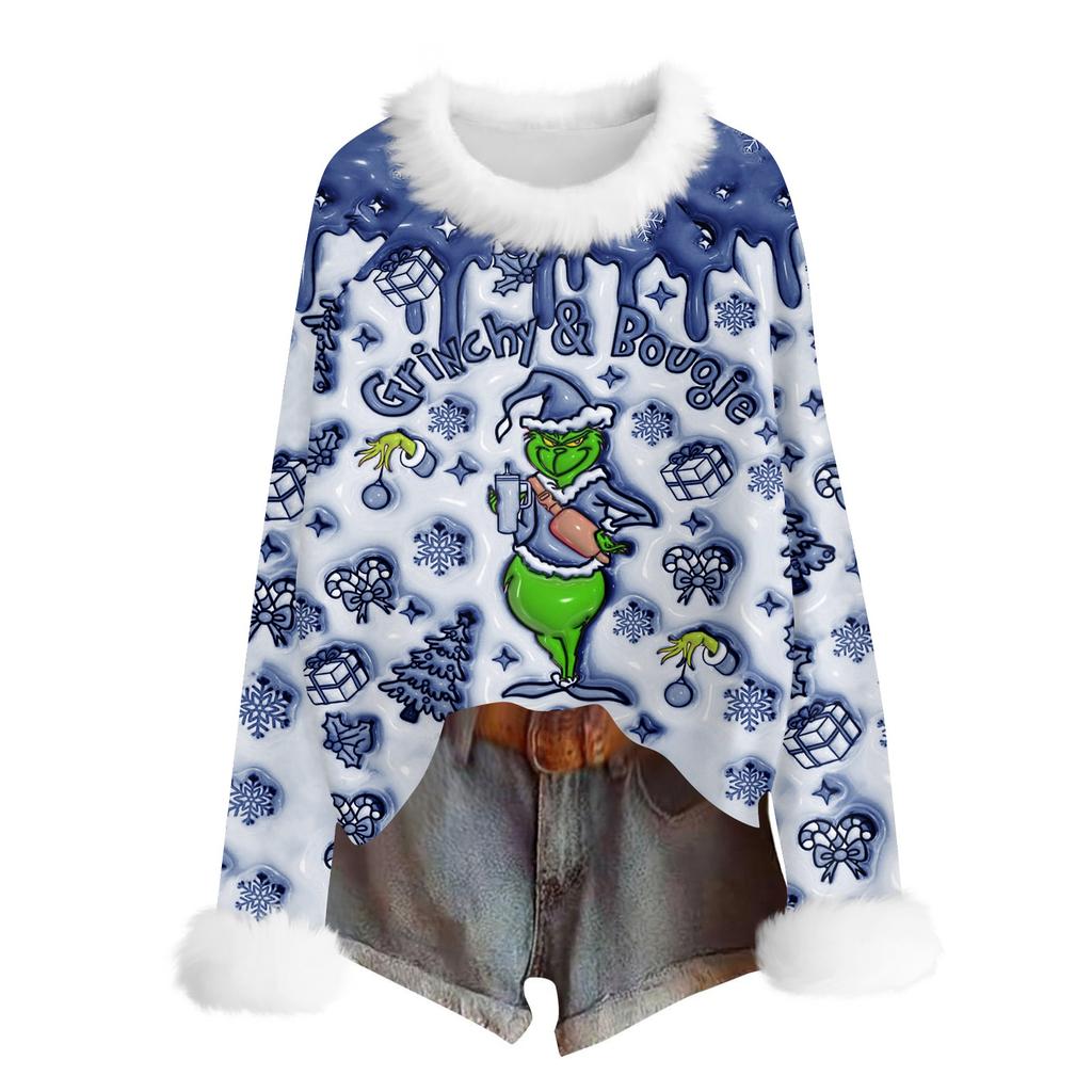 Women's Fashionable Christmas Printed Round Neck Long Sleeved Casual Pullover T-shirt Top