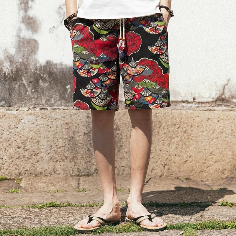 Summer Ethnic Style Linen Shorts Men's Plus Size Plus Size Five-point Beach Pants Loose Floral Pants Trendy Men
