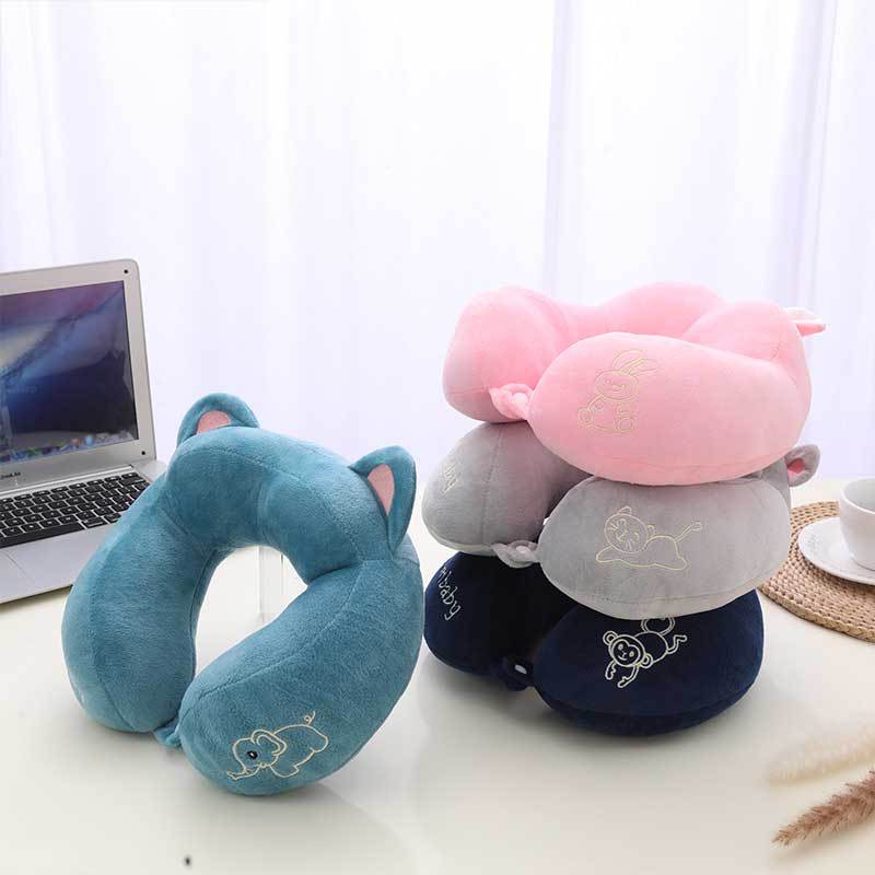Cute Travel Pillow with Ear Cartoon Neck Pillow for Kids Memory Foam Animal Pillow U Shaped Cushion Plush for Airplane Train