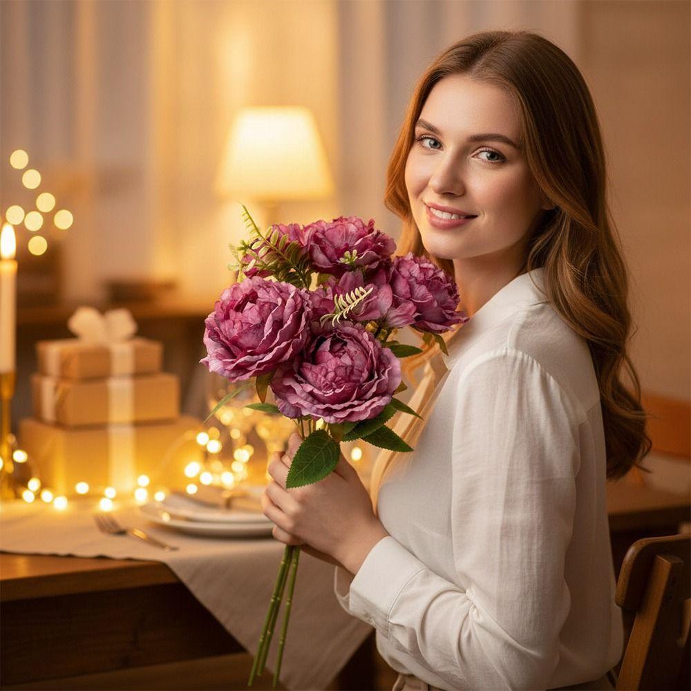 Multicolor Peony Artificial Flower Daisy Flower Silk Petals Simulation Flower Bouquet Floral Arrangement Green Leaves