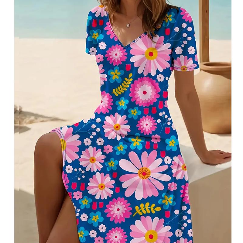 Summer Fashion Women's V Neck Short Sleeve Flower Printed  Dress Sex Short Skirt Dresses