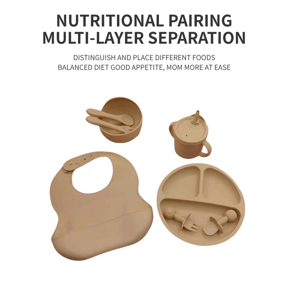 Silicone Baby Feeding 8-Piece Tableware Set with Compartment Plate