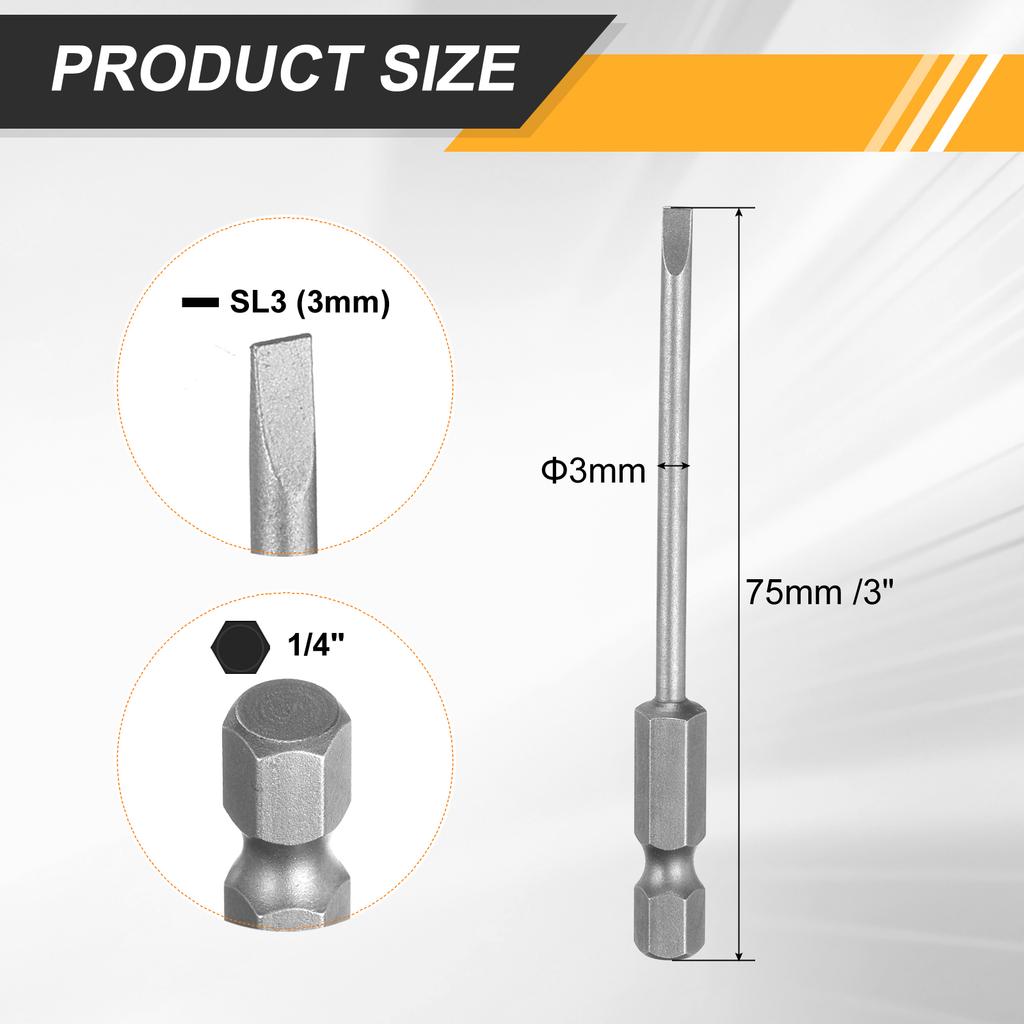 2/4/8pcs SL2/SL2.5/SL3/SL4/SL5/SL6 Slotted Screwdriver Bits 6mm Slotted Tip 1/4" Hex Shank 75mm (3") Long Magnetic Flat Head