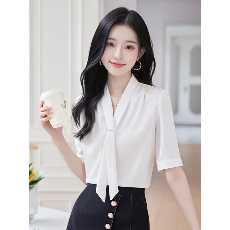 Taluoman Women s Short Sleeve Chiffon Tie-Neck Blouse S