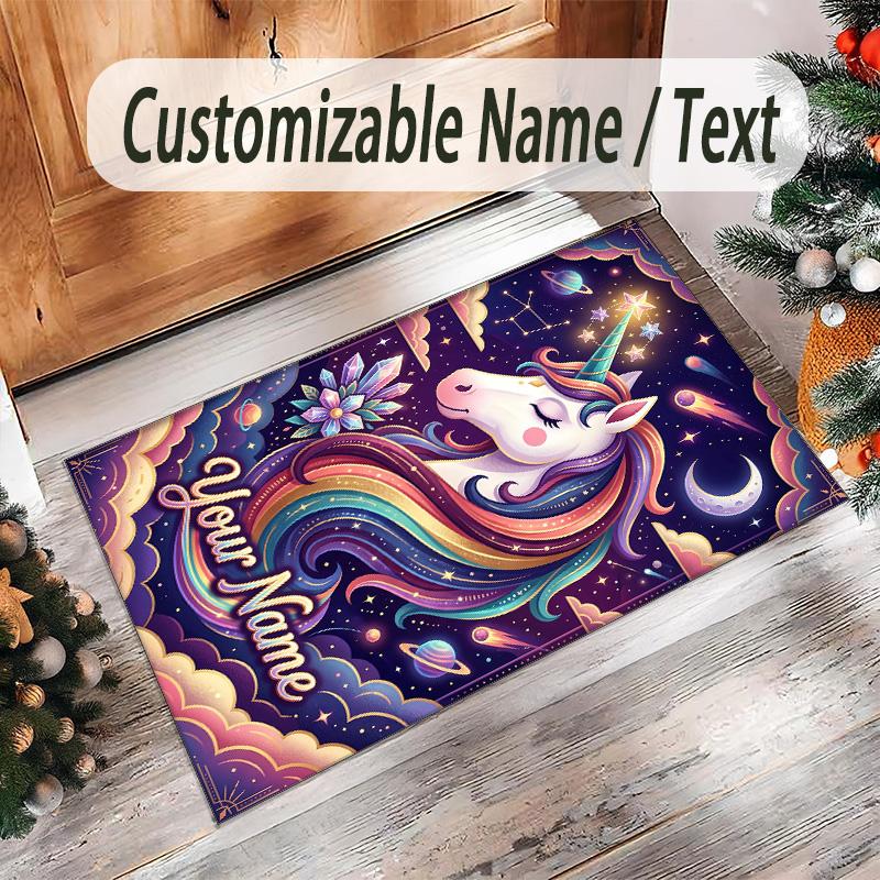 Alfombra de Suelo de Terciopelo de Cristal con Temática de Unicornio, Alfombra Cálida Personalizada con Nombre y Texto, Decoración del Hogar