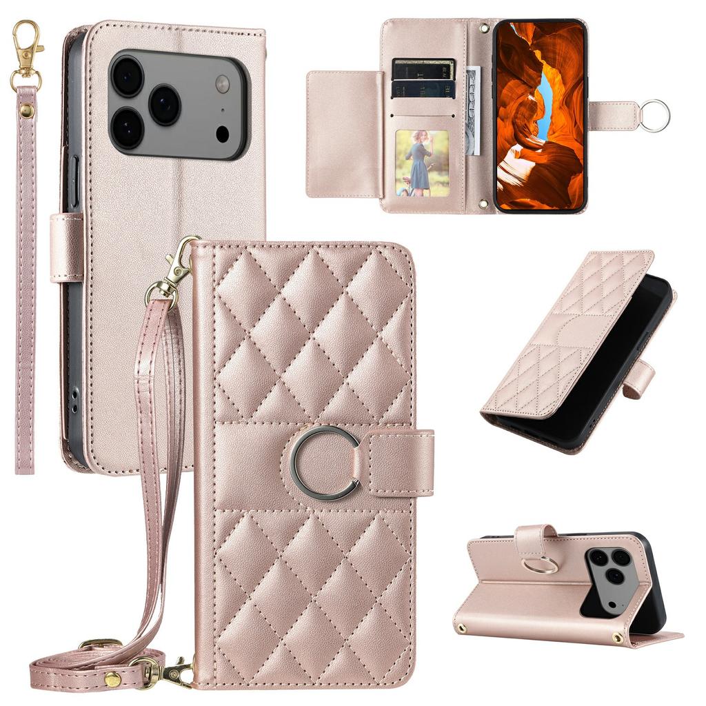 For iPhone 17 Pro Case Ring Buckle Wallet Stand Rhombus Crossbody Leather Mobile Cover
