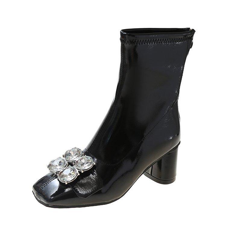 Square Head Short Boots Female Internet Celebrity Rhinestone Thick Heel High Heels Patent Leather Thin Versatile Small Tube Elastic Boots