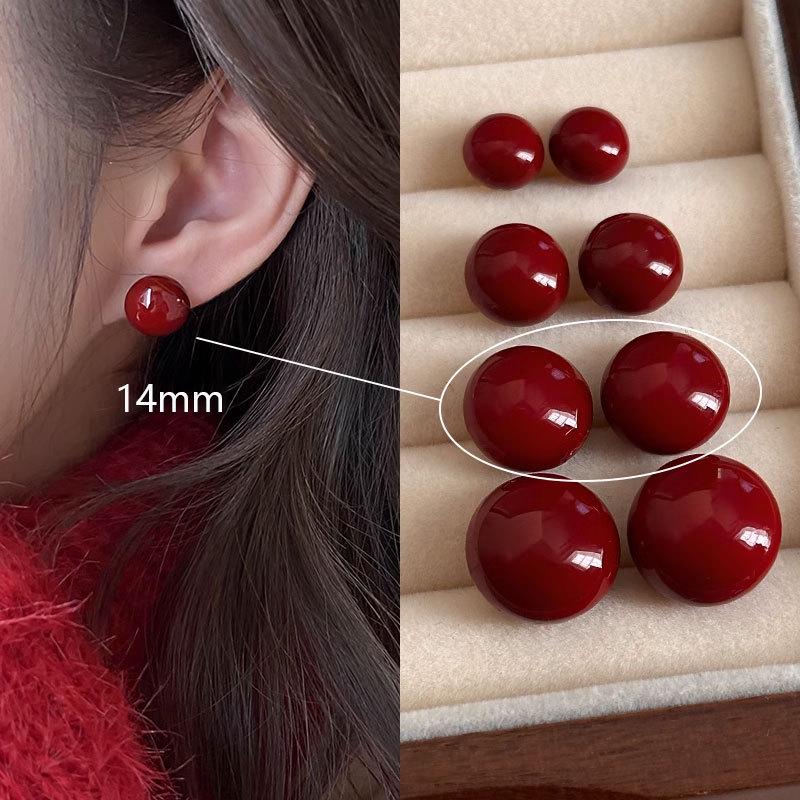 Burgundy Jelly Bean Pearl Stud Earrings - New 2024 Hot Style for Women, Niche Design Cold Style.