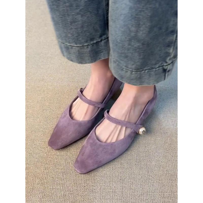 Sheepskin Version~ French Pointed Toe with Mary Jane Shoes Women's Shallow Mouth Pearl Single Shoes with Skirt Evening High Heels