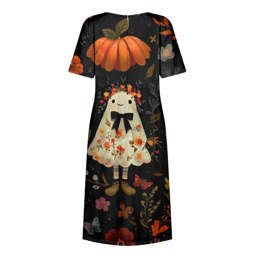 Damen Halloween Bedrucktes Freizeitkleid - Rundhals mit Taschen, Lockere Passform für Damen