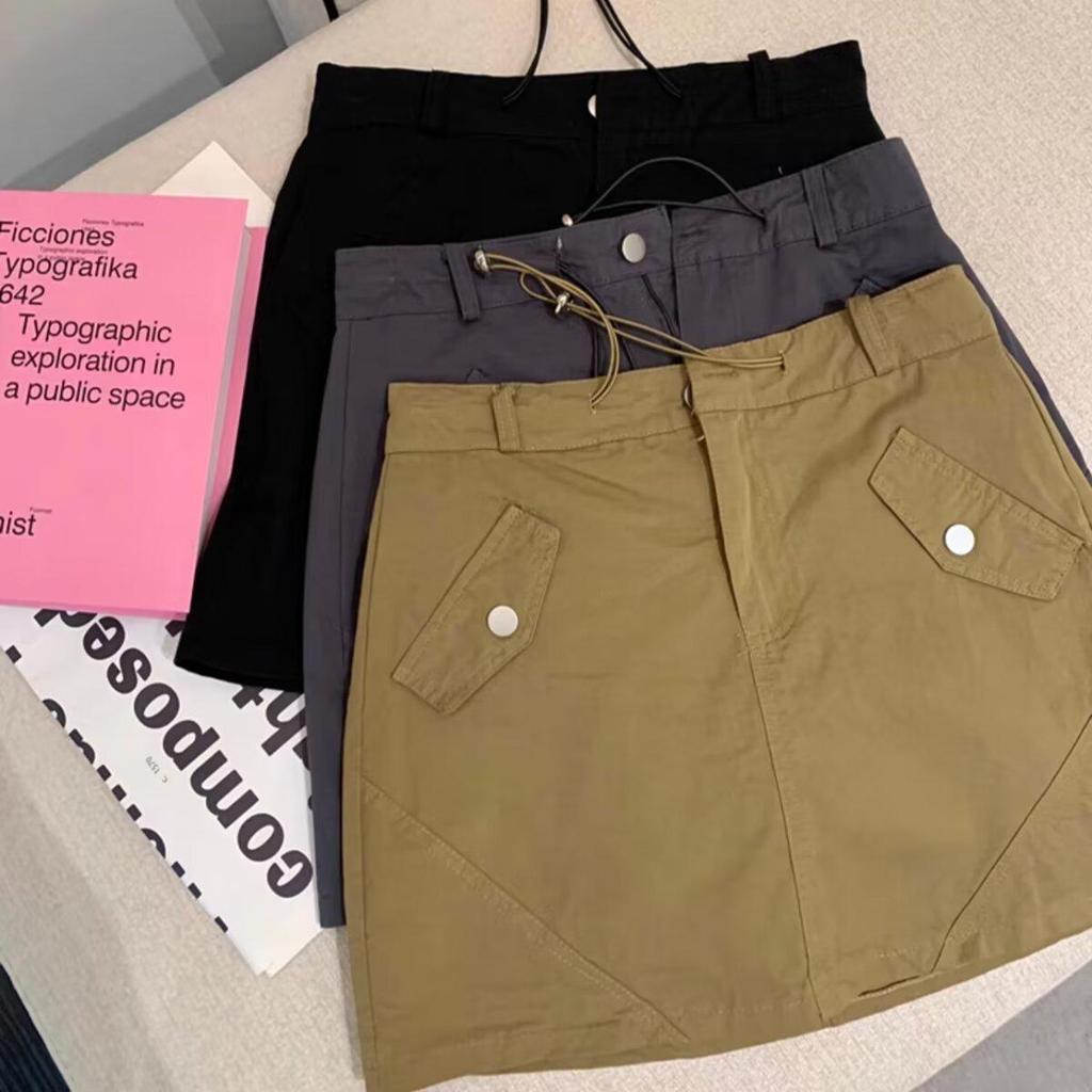 Women's High Waist Gray Workwear Mini Skirt with Drawstring Design