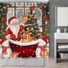 Funny Santa Claus Snowman Christmas Shower Curtain With Red Gold Tree Design, New Year Bathroom Decor For Festive Celebration