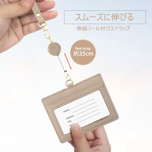 boshiho Name Tag Case, Neck Hanging, Stylish, Horizontal, Double-Sided, Reel, Pen Holder, Neck Strap Included, Genuine Leather, ID Card Holder