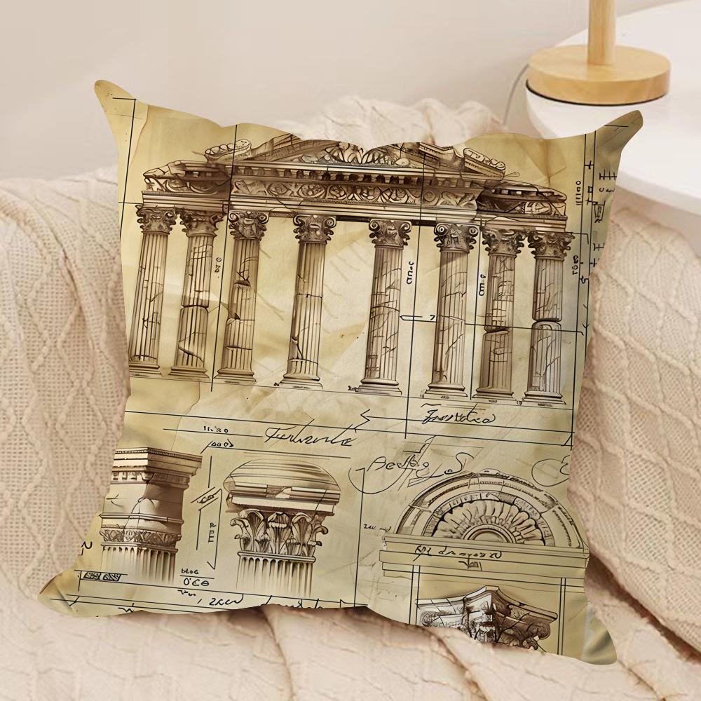 Retro Roman Architectural Cushion Cover Silky Short Plush Invisible Zipper Dustproof Sofa Pillow Case For Home Decor