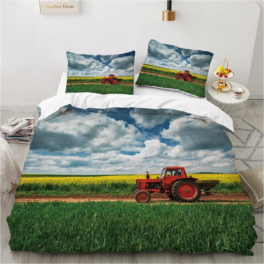 Tractor Kids Duvet Cover,Monster Truck On Farm Pattern Comforter Cover Set King/Queen Size,Country Boys Hobby Car Bedding Set