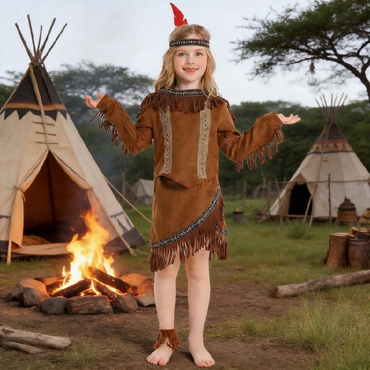 5Pcs Kids Ethnic Encouraged Play Ensemble Outfit With Detailed Traditional Patterns And Soft Fabric Tops Skirts