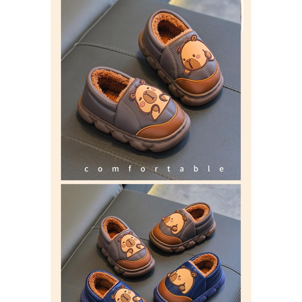 Autumn and Winter Children's Bags, Heels, Cotton Shoes, PU Leather Waterproof, Warm, and Plush Cotton Slippers for Adults and Children At Home