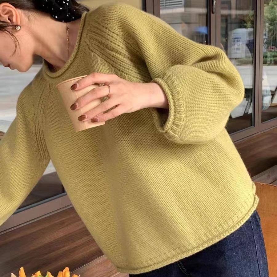 

Корейский свитер с подвернутым краем, женский осенне-зимний однотонный пуловер, свободный ленивый стиль, свитер, вязаный топ L жёлтый