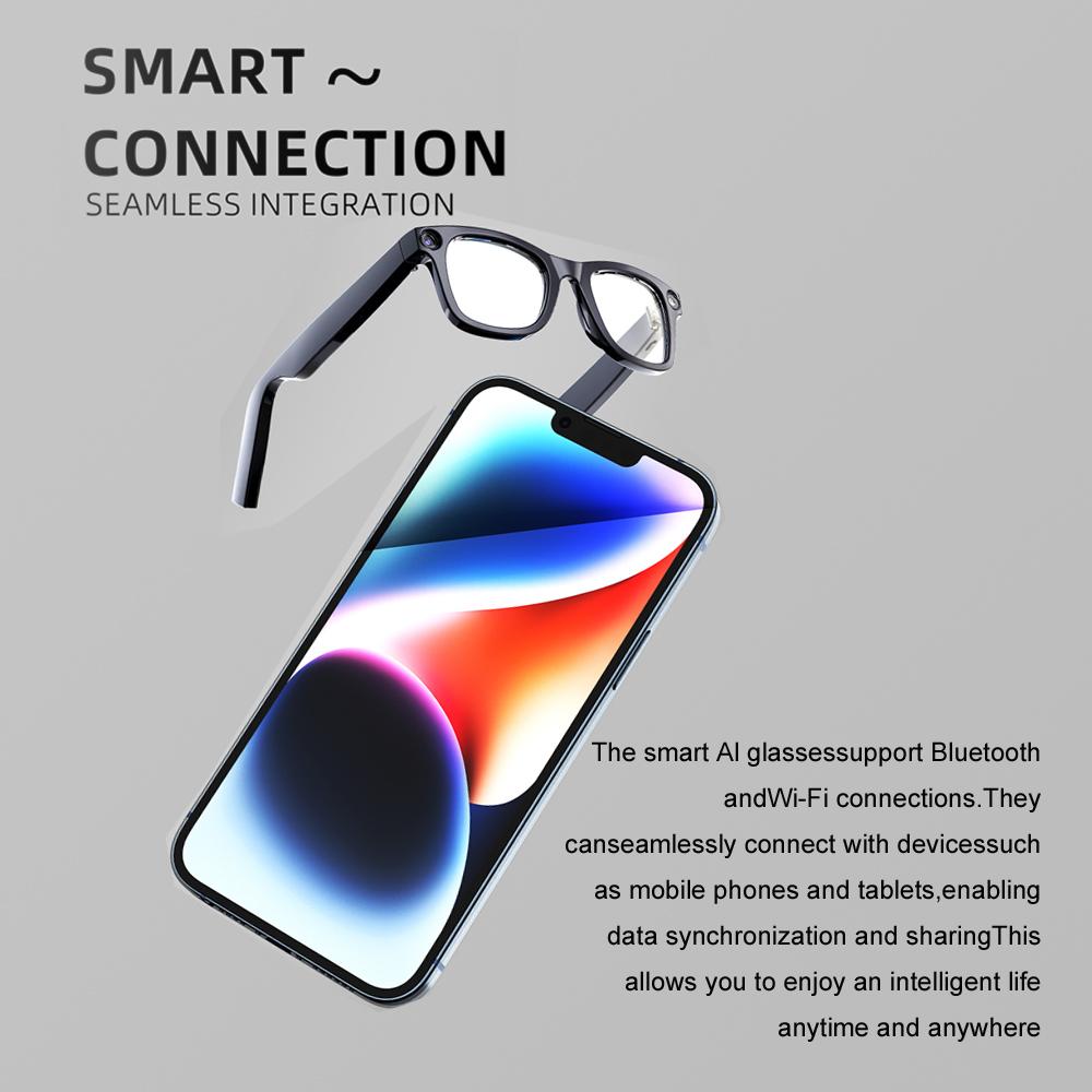 Lunettes IA HD Prise de vue Anti-tremblement Caméra 500W Contact IA Traduction en temps réel Reconnaissance intelligente Lunettes Bluetooth sans fil