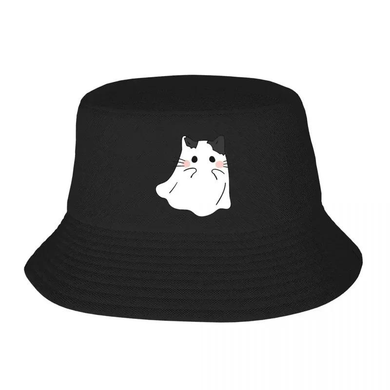 

Cute Ghost Cat Printed Bucket Hat Fisherman s Hat Beach Travel and Summer Fun Outdoor Sunscreen Hat чорний