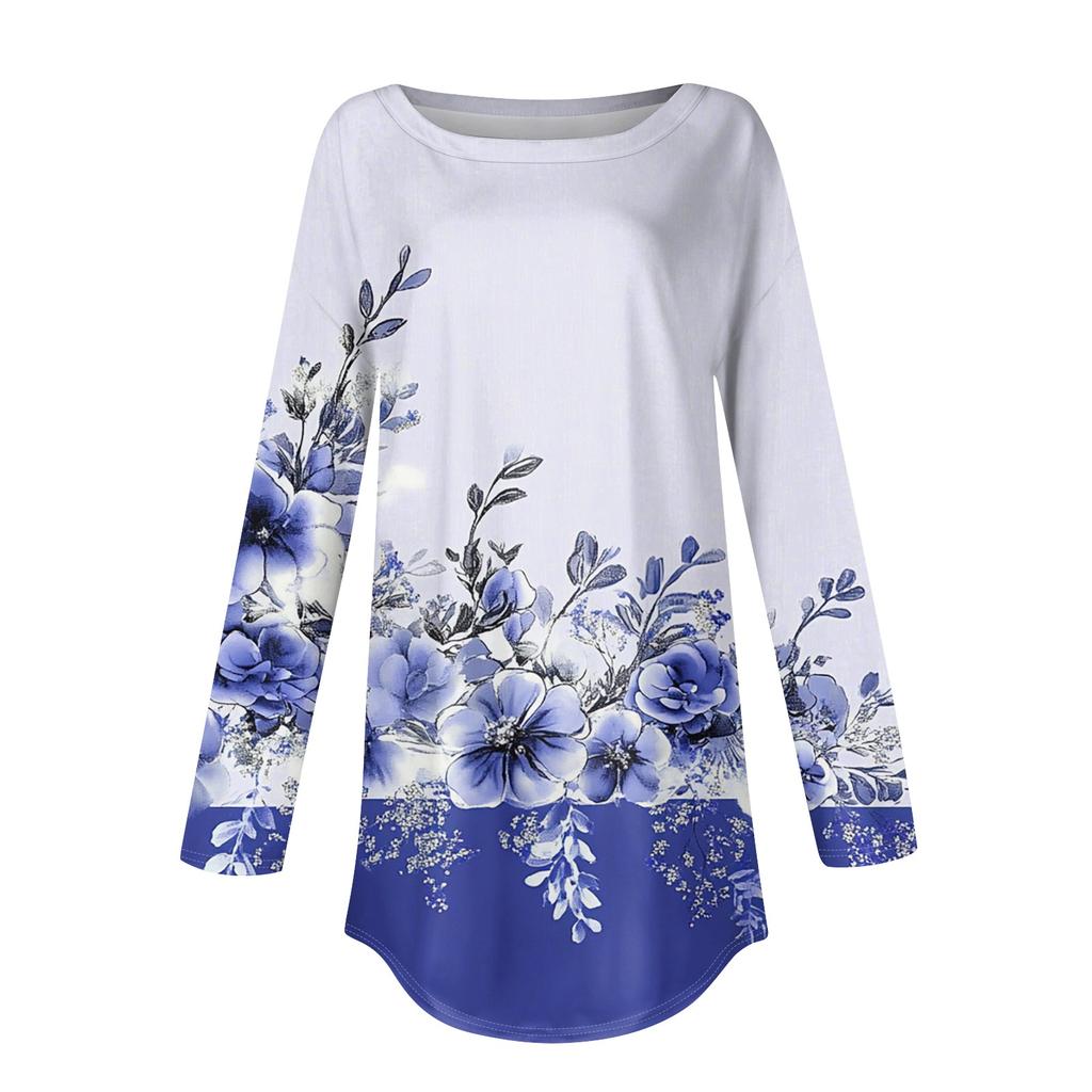 Damen T-Shirt mit Rundhalsausschnitt, lockerer Schnitt, langärmelig, Top, Pullover