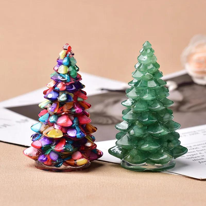 1PC Crystal Resin Christmas Tree Handmade Ornament Natural Stone Amethyst Fengshui Sculpture Lucky Christmas Trees Home Decor