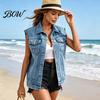 Soft Demin Vest Women Sleeveless for Summer, Button Down Casual Jean Jacket, Frayed Lapel Waistcoat Top with Pockets