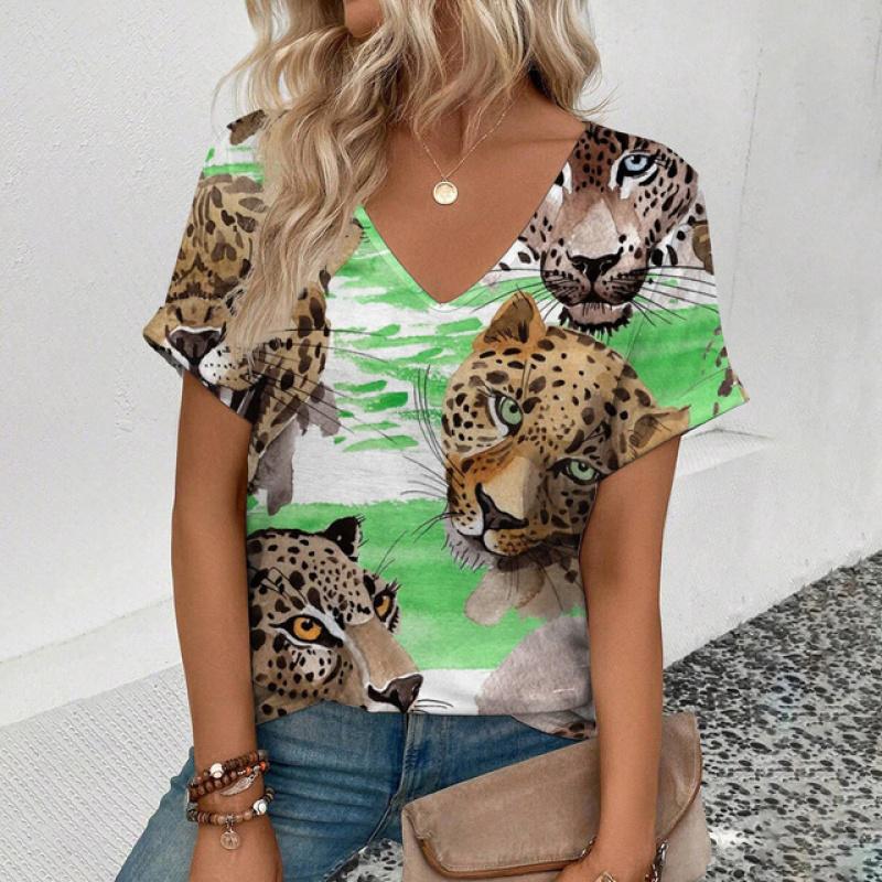 Mode femmes T-Shirts vêtements ample surdimensionné femme vêtements col en V à manches courtes t-shirt pull animaux léopard tigre haut