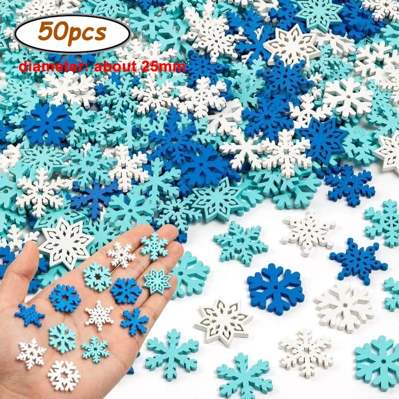 50pcs Snowflake Wood Slices Ornaments Christmas Cutouts Button Tags for Xmas Tree Hanging Painting DIY Crafts Gift Bags Decor