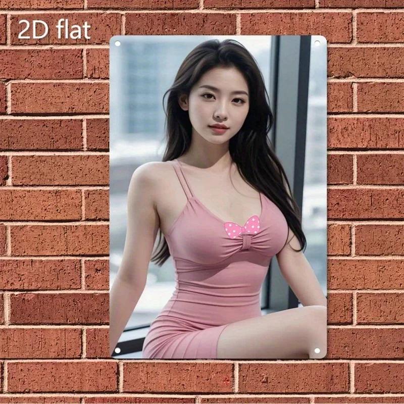 Металлическая работа ручной работы, Современное женское лицо, Розовый бант, Настенный декор, Минималистичное корейское железное искусство, Легкий монтаж для дома, кафе, бара 20x30cm（7.8x11.8inch）