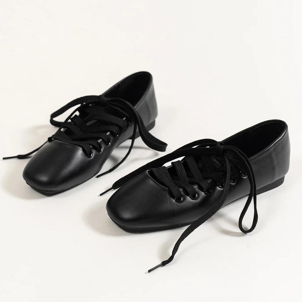 Women Ballet Flats Shoes Square Toe Lace-up Loafers Shoes Woman 2025 Trend Winter Designer Elegant Office Shoes Casual Sneakers