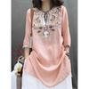 Summer Heavy Industry Women's Vintage Embroidered Medium-length Loose Cotton and Linen Stylish Casual Pullover Top