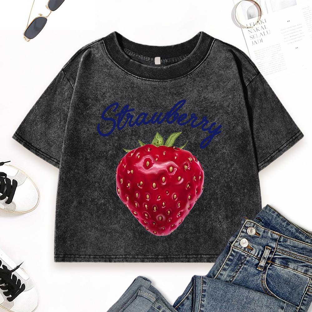 Fresh Red Strawberries Fruit Print Washed Slim T-Shirt Women Casual Crewneck T Shirt Summer Clothes Cotton Top