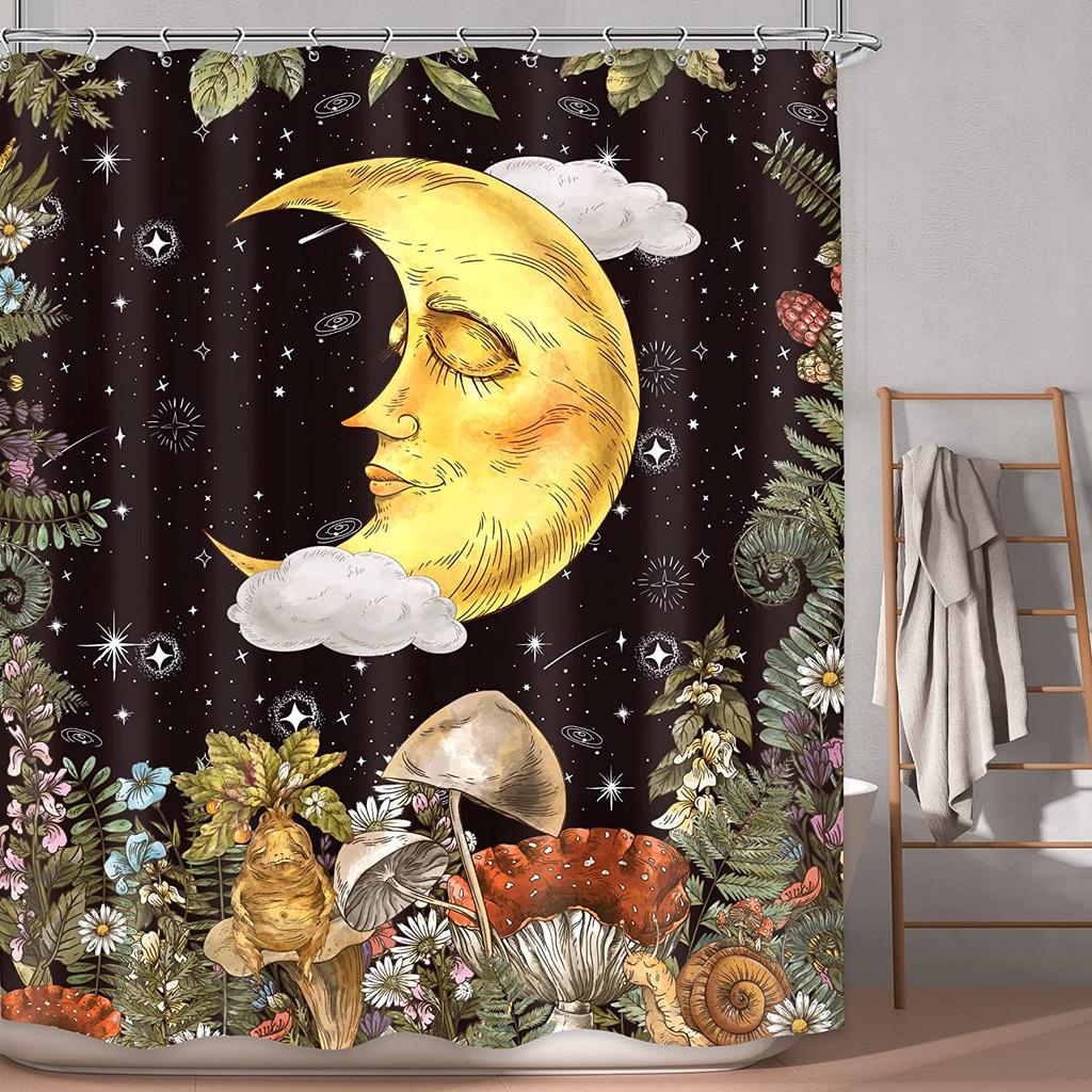 Boho Moon Phase Shower Curtain Abstract Sun Stars Butterfly Mushroom Flowers Plant Leaves Bathroom Decor Fabric with Hooks