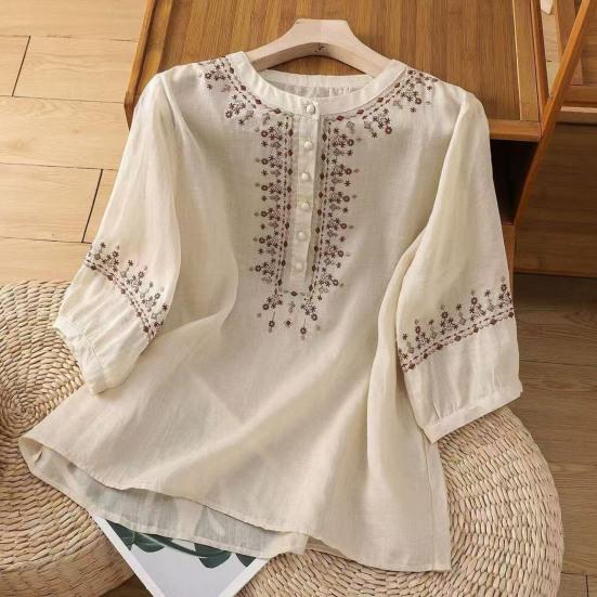 Dameskjorte i retrostil med broderi og blomstermønster, rund hals, sommerbluse med 3/4 ermer