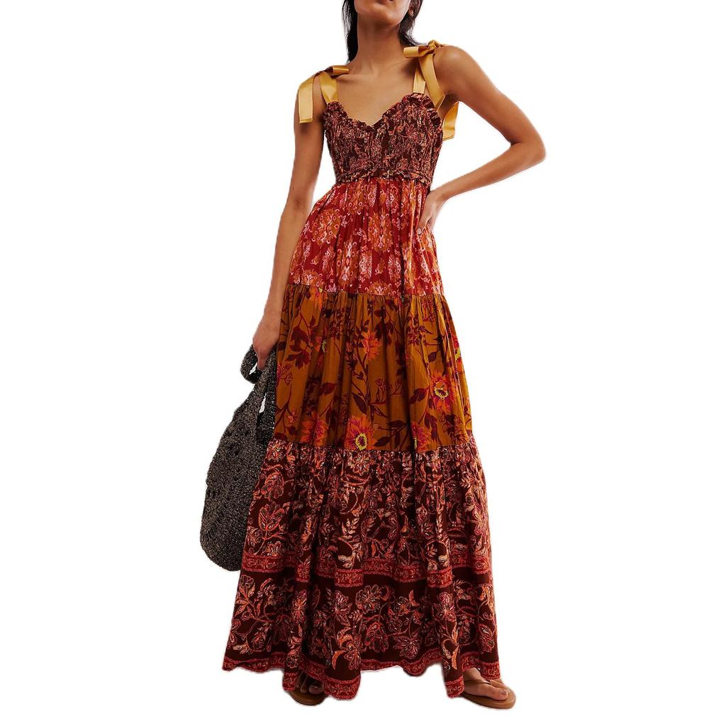 Damen Sommerkleider Fließendes, gesmoktes Maxikleid Ärmellos Binden Schulter Boho Kleider Blumen Strand Sommerkleider