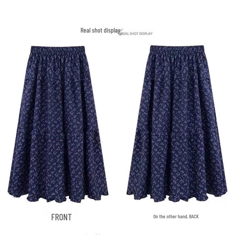 Retro Dark Blue Floral High-Waisted Midi A-line Skirt for Women - Spring 2025 Collection
