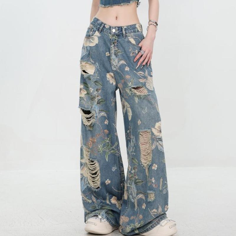 Stylish American - Inspired Jeans for Women In Summer: Thin Vintage - Printed Ripped Wide - Legged Floor - Length Loose - Fitting and Slimming
